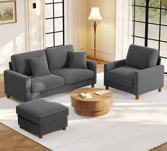 Welzona 70.2" Couches for Living Room, Comfy Sofa Set Tool-Free Setup, Corduroy Couch Set 7.1" Thicker Cushion, Accent Chair with Ottoman 848lbs Support, Sofas for Living Room Home Office, Grey