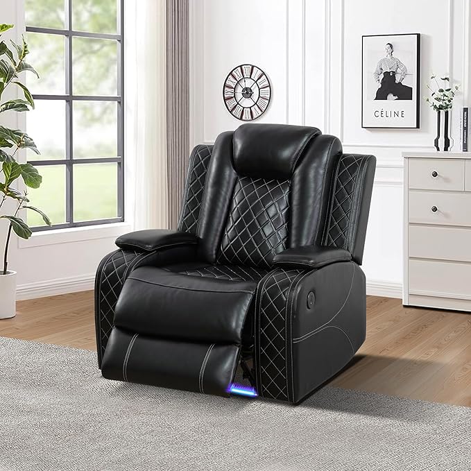 Breathing Leather Power Reclining Chair, Leather Reclining Sofa Couch Chair for Living Room, Single Recliner with USB Ports/LED Lighting for Bedroom/Office/Home Theater (Black, Recliner Chair)