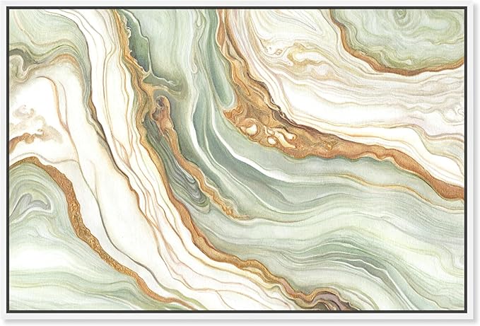 Art Remedy Green And Gold Framed Mineral, Agate & Geode 1 Piece Canvas Wall Art, 16" x 11", White Frame
