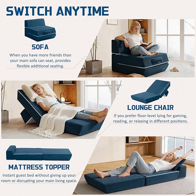 Trenda Folding Sofa Bed, 16lbs Convertible Sleeper Chair with Removable Back Pillow & Handle, Washable Cover Solid Foam Fold Out Chair Bed for Living Room, Apartment, Guest, Single, Navy Blue