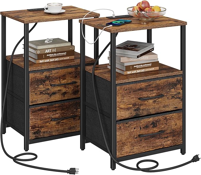 TUTOTAK End Table with Charging Station, Side Table with 2 USB Ports and Outlets, Nightstand with Cloth Drawer, Set of 2, Couch Table, Brown TB01BB052 | with Cloth Drawer