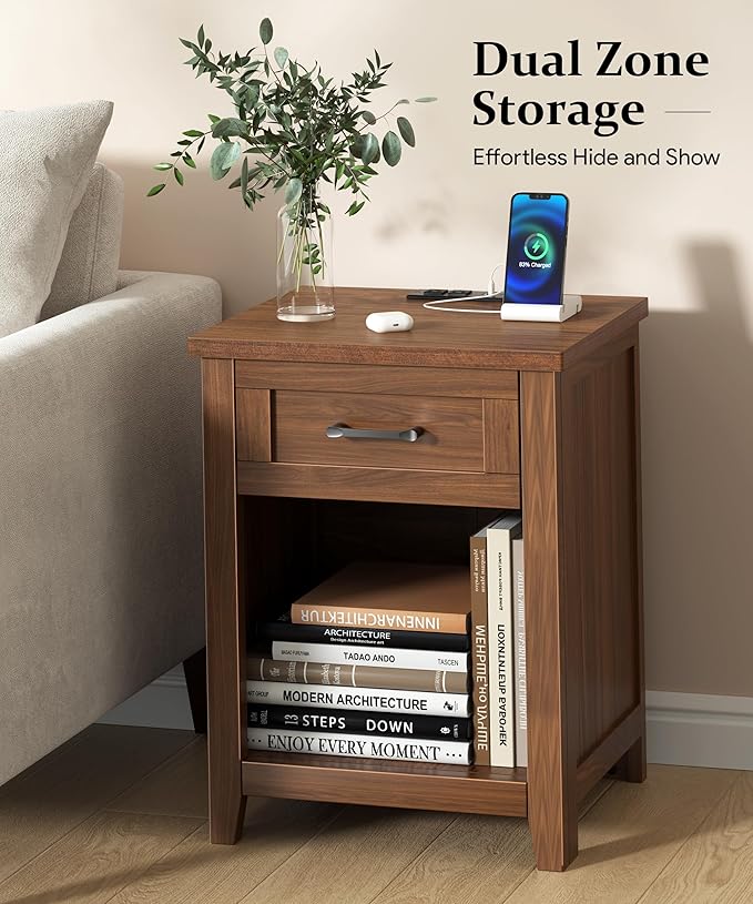 Farmhouse Nightstand with Charging Station & Large Storage, Modern End Tables with Outlets, USB Ports and Type-C Ports, Easy Assembly for Bedroom (Walnut)