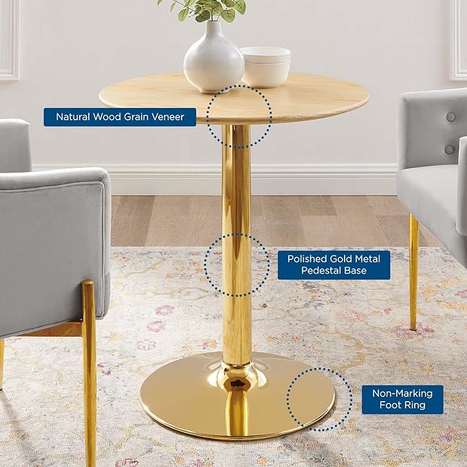 Modway Verne Round Wood Grain 28" Dining Table in Gold Natural