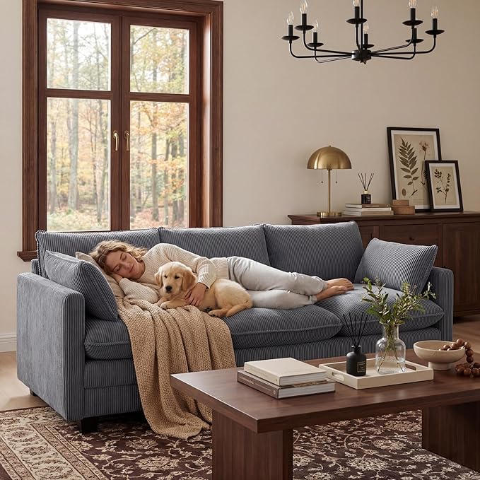 Gizoon 3 Seater Couches for Living Room, Cloud Sleeper Sofa with Double Cushion Corduroy Deep Seat Sofa Couches with 2 Pillows for Living Room Bedroom and Apartment,Pet-Friendly Fabric, Grey