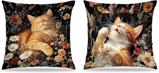William Morris Inspired-Dark Floral Orange Tabby Cat Pillow Covers 18x18 Set of 2, Orange Cat Gifts for Women, Dark Botanical Kitty Kitten Decorative Pillow Covers for Home Living Room Bedroom