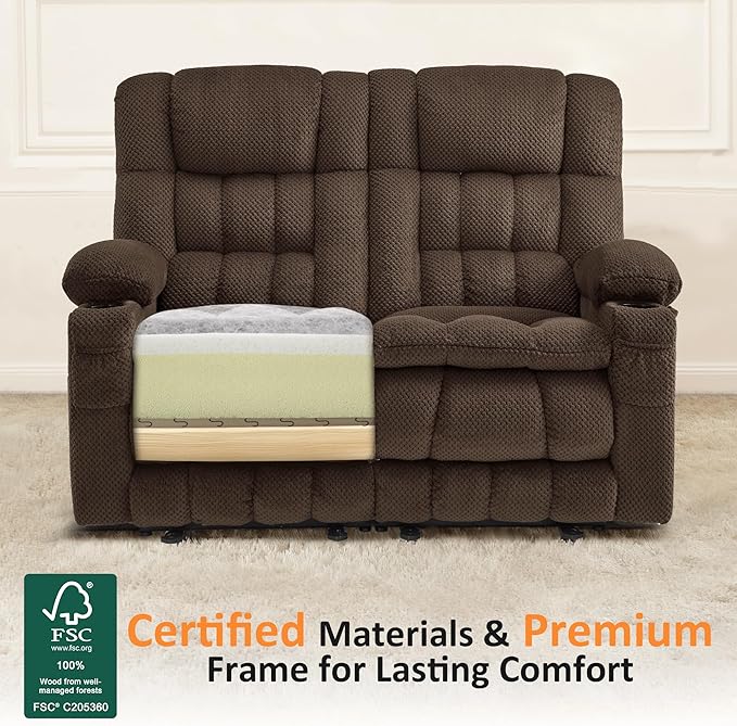 MCombo 57" Reclining Loveseat with Heat and Massage, Zero Gravity Recliner Loveseat Sofa with Dual USB Charging Ports for Living Room, Fabric 6314 (Brown)