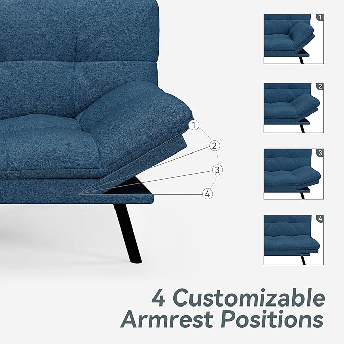 Futon Sofa Bed Convertible Couch, Blue Linen Sofa Bed with Memory Foam, Adjustable Backrest & Armrests, Multifunctional Small Loveseat Sleeper Sofa for Living Room, Apartment, Office