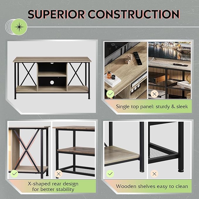 WLIVE Industrial TV Stand for up to 45 inch TV, Heavy-Duty Metal Frame Entertainment Center, Compact Media Console with Adjustable Shelf & Cable Management for Small Spaces, Living Room, Greige