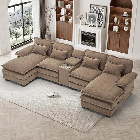 133" Oversized U Shaped Cloud Couch Modular Sectional Couches for Living Room Comfy Chenille Deep Seat Sofa Set with Double Chaise Lounge, Storage Central Console, Cup Holders, USB Port, Brown