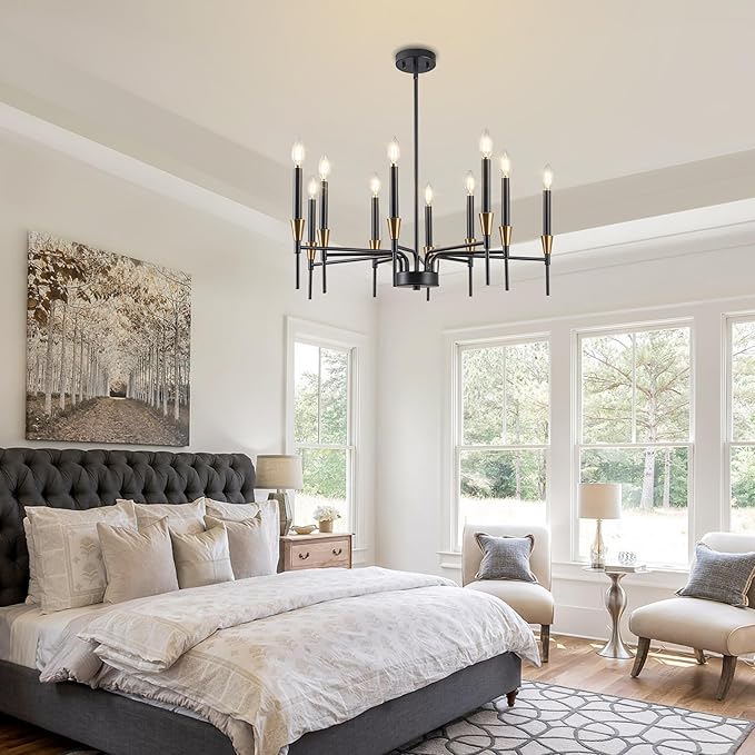 Chandeliers for Dining Room Farmhouse Dining Room Light Fixture 10-Light Black and Gold Chandelier Light Fixture Industrial Black Farmhouse Chandelier for Living Room, Bedroom, Foyer