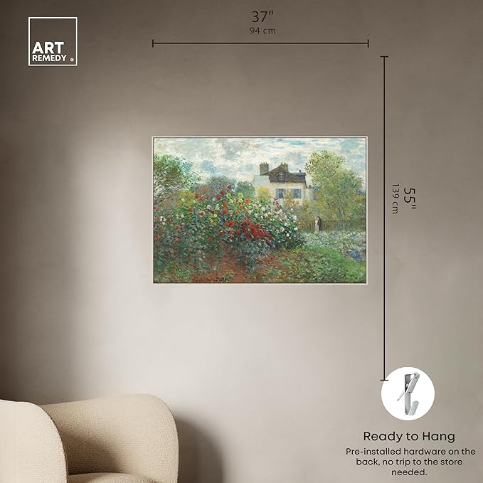 Art Remedy Monet-Garden With Dahlias Impressionism Classic Landscape Paintings Canvas Wall Art, Silver Floater Frame, 36"x54"
