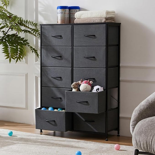 Sweetcrispy Dresser for Bedroom Tall Drawer Dresser Organizer Storage Drawers Fabric Storage Tower with 10 Drawers, Chest of Drawers with Fabric Bin, Steel Frame, Wood Top for Bedroom