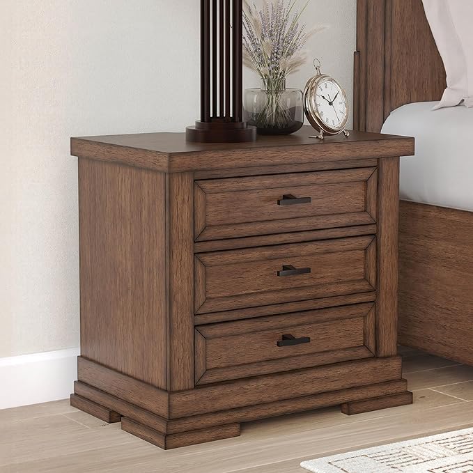 Signature Design by Ashley Taffenbrook Farmhouse 3-Drawer Nightstand with Felt-Lined Top Drawer, Power Supply and USB Ports, 28.5" W x 18.25" D x 26.5" H, Dark Brown