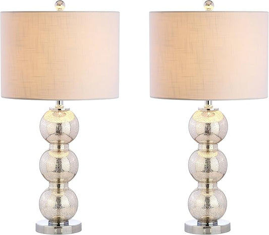 JONATHAN Y 27" Mercury Silver/Chrome Triple-Sphere Glass Table Lamp Set of 2, Bedside, White Linen Shade, Modern Table Lamps for Living Room, Bedroom, Office, LED Bulbs Included (JYL1070B-SET2)