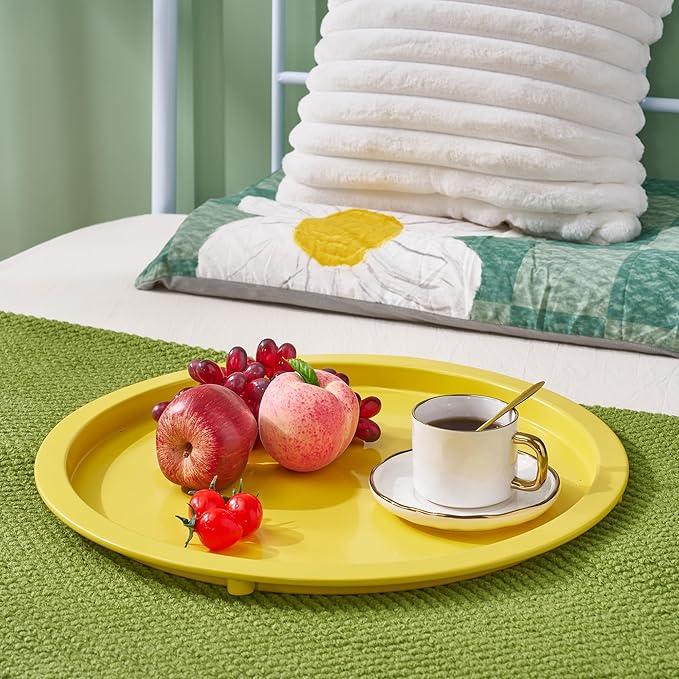 VECELO Round Side/End Table with Fabric Storage Basket，Metal Anti-Rust and Waterproof Small Bedside Nightstand with Removable Tray Top for Living Room，Balcony & Laundry，Yellow /1pcs with Basket