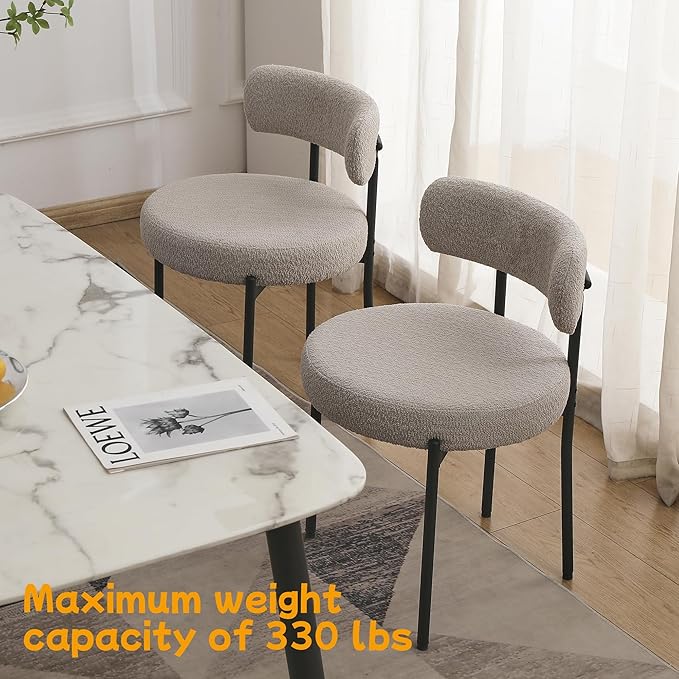 EDWELL Boucle Dining Chairs Set of 2, Round Upholstered Dining Room Chairs with Black Metal Legs, Modern Kitchen Dining Room Chairs for Kitchen, Living Room