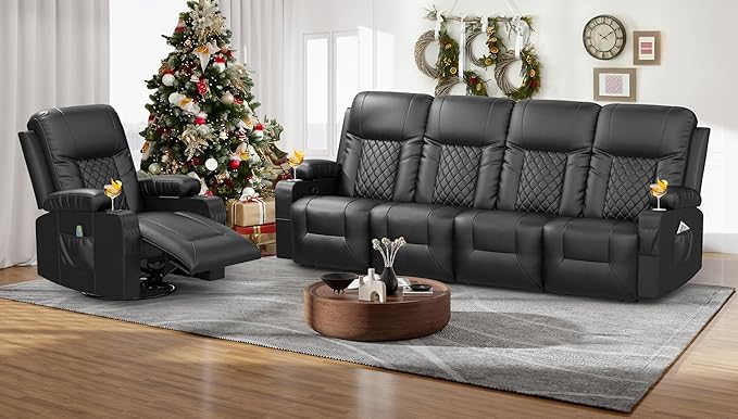 FURNIMAT Oversized Recliner Sofa Set with 4+1 Pieces in Living Room, 4 Seater Reclining Sofa, 1 Recliner Chair with 360 Degree Swivel Single Sofa Seat