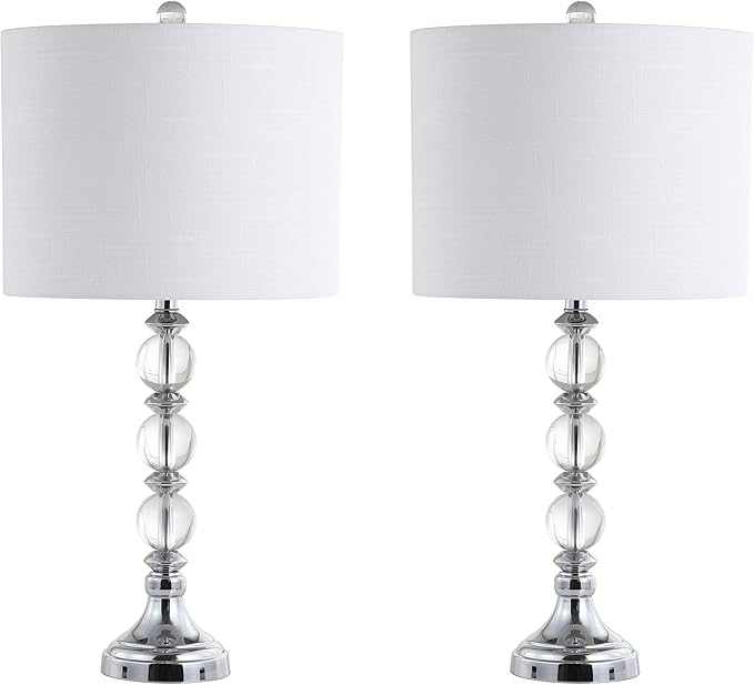 JONATHAN Y 26" Clear/Chrome Crystal LED Table Lamp Set of 2, Transitional Faceted Glass and Metal Nightstand Lamps with White Linen Drum Shade, LED Bulbs Included JYL5041A-SET2