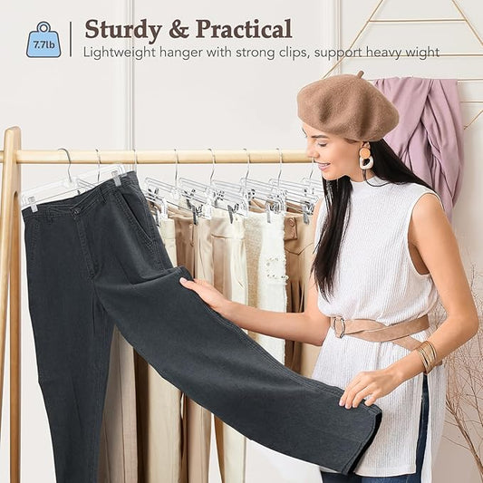 HOUSE DAY Clear Pants Hangers with Clips 200 Pack, Non-Slip Plastic Skirt Hanger with Adjustable Clips, Slim Clip Hangers for Pants, Skirts, Shorts, 14" Clear Hanger, 360-Rotating Swivel Hook