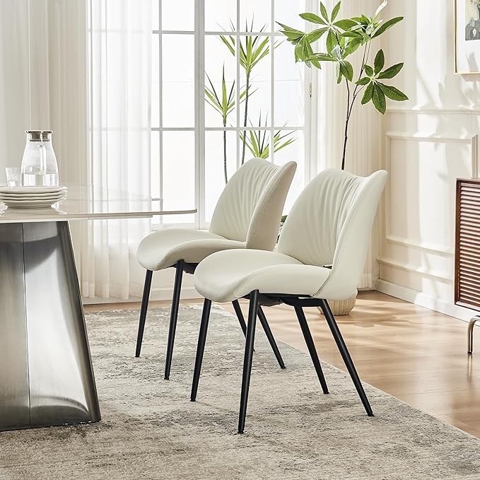 Rowill White Dining Chairs Set of 2, Upholstered Dining Room Chairs with Hollow Back, Faux Leather Kitchen Chairs for Dining, Mid Century Modern Dining Chair with Curved Seat