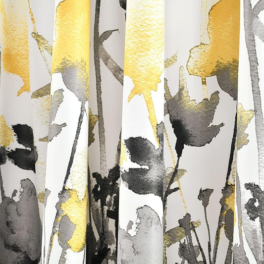 Lush Decor Zuri Flora Light Filtering Window Curtain Panel Pair, 63" Long x 52" Wide, Yellow & Gray