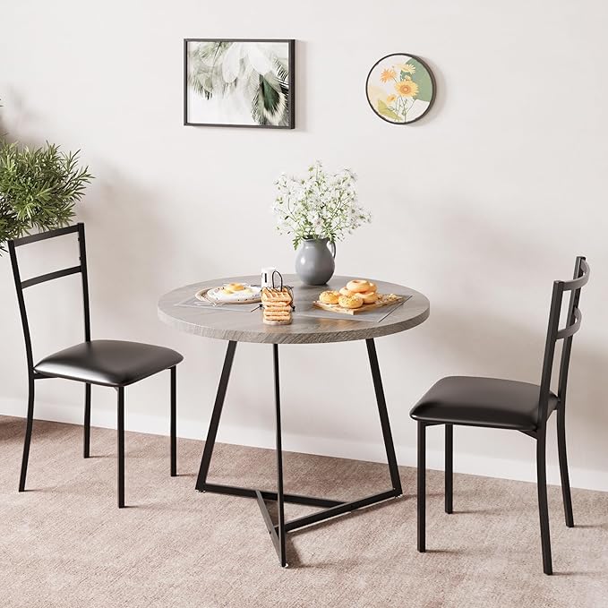 Dining Table and Chairs for 2, Round Dining Room Set with 2 Placemats, 3 Piece Set for Small Spaces, Rustic Gray