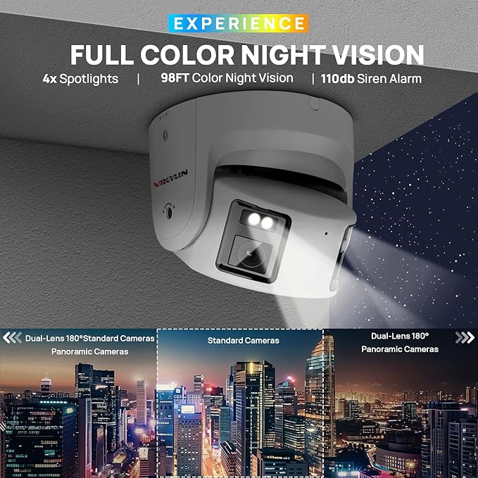 VIKYLIN 4K 8MP Panoramic Full Color PoE IP Camera,4mm Fixed Lens Turret IP Camera with Human/Vehicle Detection, Active Strobe Light, Audio Alarm, 2-Way Talk,SD Card Slot 512GB,Blue Iris,NDAA Compliant