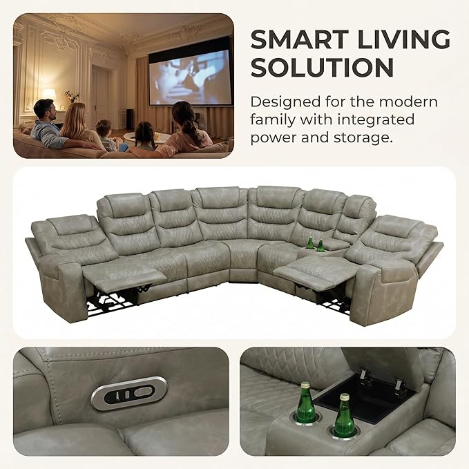 Power Recliner Sectional Sofa with LED Lighting, Breathing Leather Corner Couch with USB Port and Storage Console, Cup Holders– Home Theater & Living Room Seating(Grey)