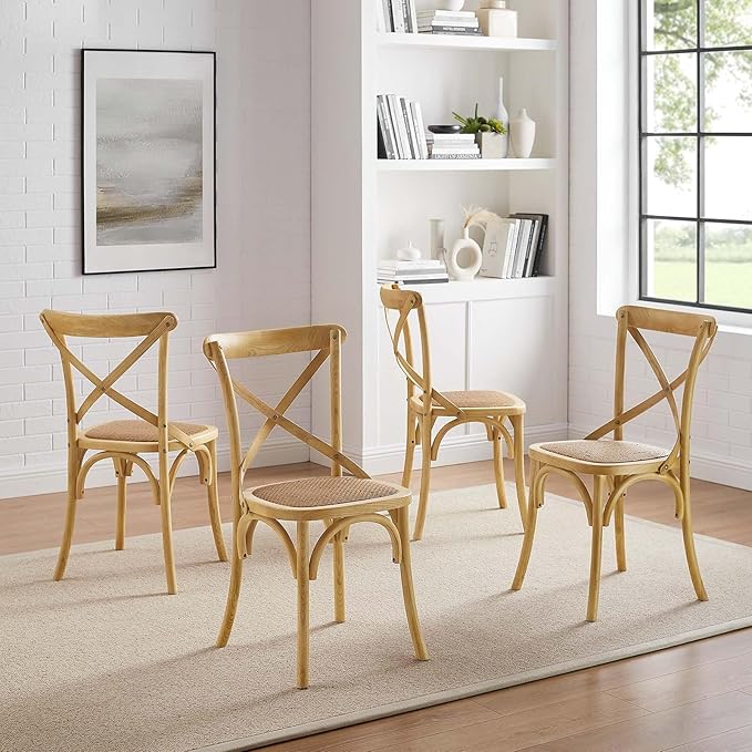 Modway Gear Rustic Modern Farmhouse Elm Wood Rattan Four Dining Chairs in Natural