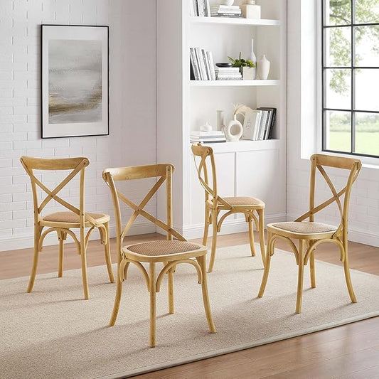 Modway Gear Rustic Modern Farmhouse Elm Wood Rattan Four Dining Chairs in Natural