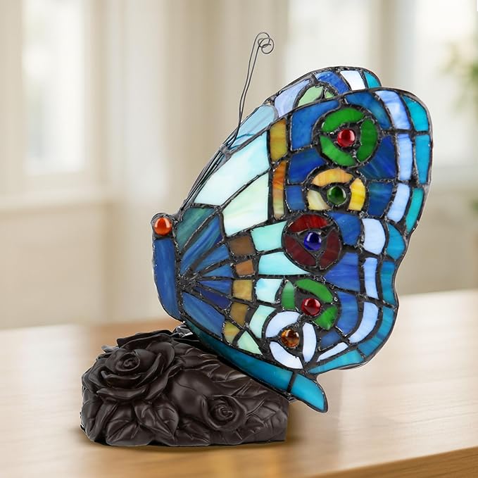 Lavish Home Tiffany Style Butterfly Lamp - Stained Glass Table or Desk Light LED Bulb Included - Colorful Vintage Look Butterfly Décor
