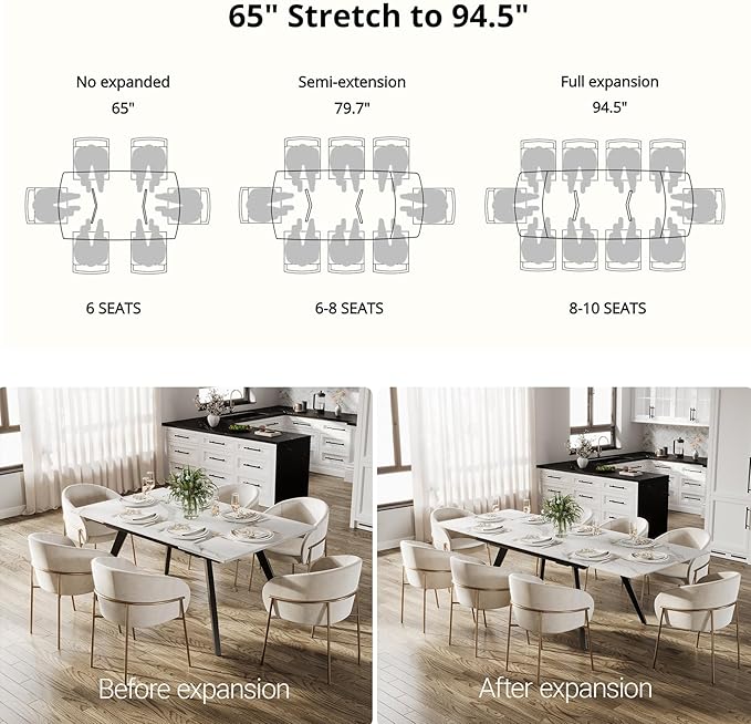 Extendable Dining Table with Leaf, 65"-95" Rectangular Sintered Stone, Marble-Look Top, Seats 6-12, Metal Base, Easy-Clean, Heat & Scratch Resistant, Dining Room/Kitchen Table for Family Gatherings