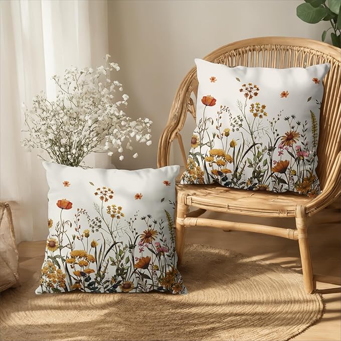 Fall Floral Outdoor Pillow Covers 18x18 Set of 2 Burnt Orange Wild Flowers Throw Pillows Case Autumn Colored Wildflower Decorative Farmhouse Cushion Covers for Sofa Couch