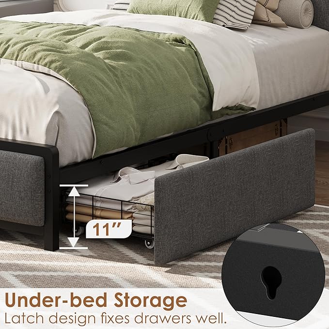 Twin-XL Size Bed Frame with 2 Storage Drawers and Charging Station, Rustic Linen Upholstered Platform Bedframe with Storage Headboard, Heavy Duty, No Box Spring Needed, Easy Assembly, Noise Free