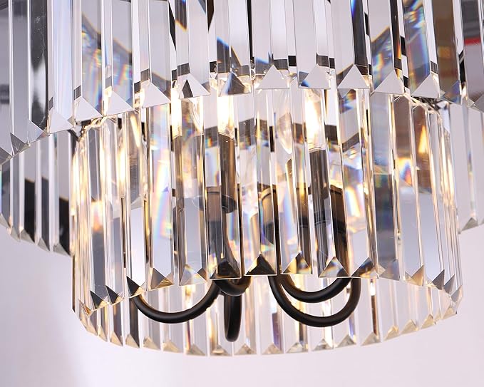 Wellmet Crystal Chandeliers for Dining Room Lights Fixtures, 5 Light Black Chandeliers for Bedroom, 2-Tier Round Crystal Lighting Fixtures for Living Room Entryway Kitchen Island D19.68 Inch