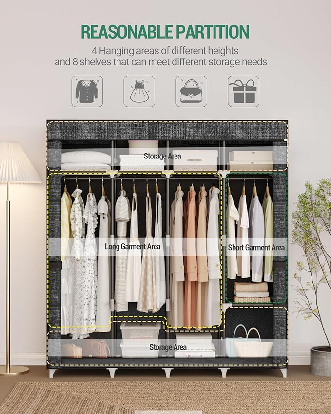 67 Inch Closet Wardrobe, Clothes Storage Organizer for Hanging Clothes with Cover, 4 Hanging rods, 9 Storage Shelves, Portable Closet for Bedroom 67 x 16.5 x 66 Inches, Starry Sky Black