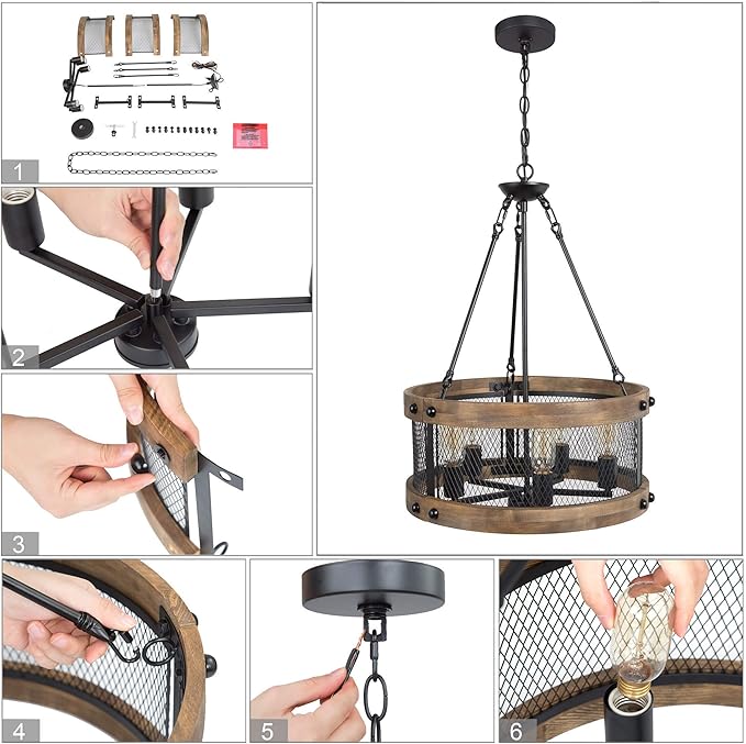 LALUZ Farmhouse Chandelier for Dining Room, 18’’ Round Wooden Chandelier for Kitchen Island, Foyer, Entryway, 5-Light