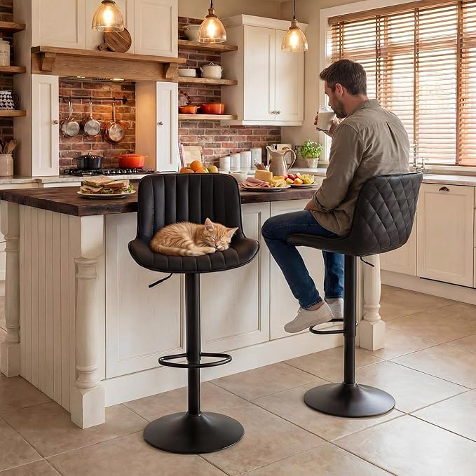 YOUNUOKE Black Bar Stools Set of 2 Adjustable Counter Height Stools Modern Swivel Barstools with Backs Mid Century PU Leather Upholstered Bar Chairs for Kitchen Island