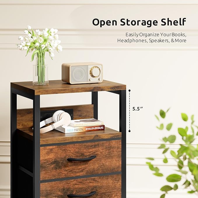 NightStand Bedside Charging Table Bedroom - Brown Night Stand with Charger Station, Modern Bed Side End Table with Open Shelf & 2 Fabric Drawers, USB-C Port for Dorm, Living Room