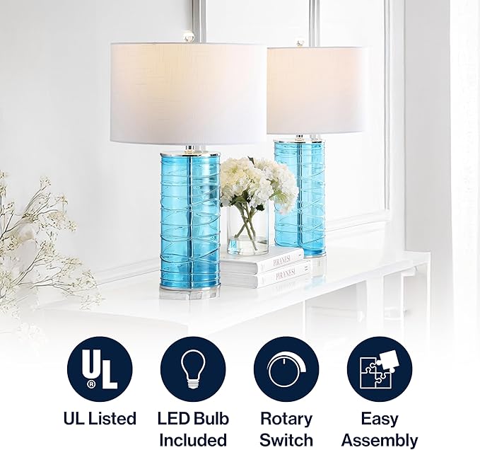 JONATHAN Y 27.5" Turquoise Modern Fused Glass Table Lamp Set of 2 for Bedroom Living Room, Coastal Nightstand Bedside Lamp with White Linen Shade, LED Bulbs Included JYL4016A-SET2