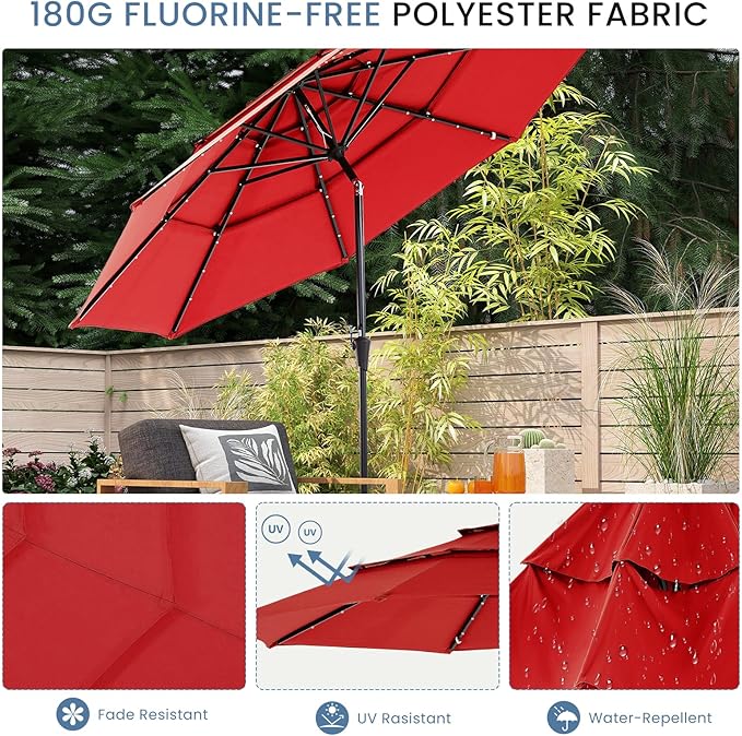 DUMOS 10FT 3-Tier Outdoor Patio Umbrella with 32 LED Lights & Crank, 8 Sturdy Ribs Table Umbrella for Pool, Market, Terrace, Beach and Outdoor Restaurant, Scarlet