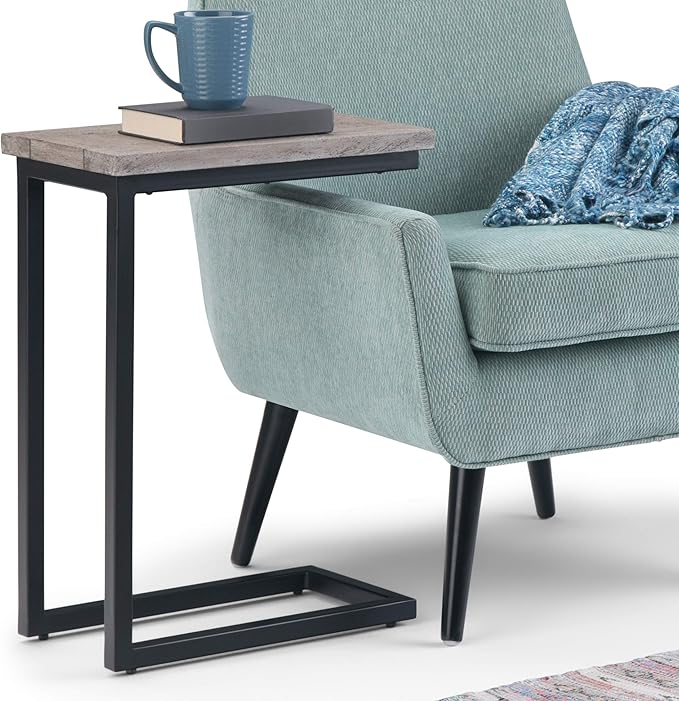 SIMPLIHOME Skyler C-Side Table - 18" Wide x 24" High Solid Mango Wood and Metal Slide-Under Table in Birch, Industrial Accent Table or End Table for Living Room or Bedroom with Open Frame, Assembled