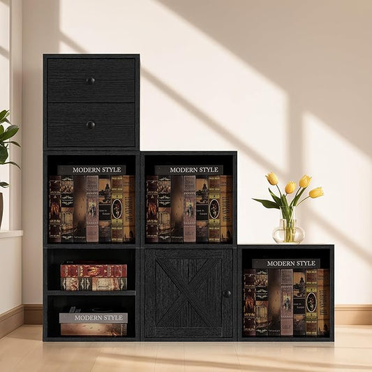 FUSUNBAO Magic DIY Cube Storage Organizer Stackable Cubes, Small Room Organizer Wooden Storage Boxes, Modern Bookshelves, Shelves for Home Books Clothes Toys (Black,2-Layer Cube)