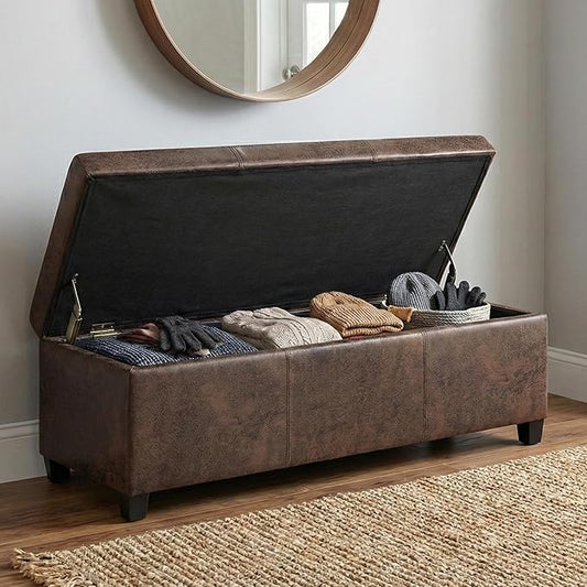 SIMPLIHOME Avalon Storage Ottoman Bench - 48 inch Wide Upholstered Vegan Leather Rectangular Lift-Top Ottoman in Distressed Brown, Contemporary Storage Bench for Living Room with High-Density Foam