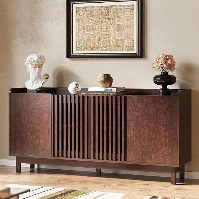 IRONCK Storage Cabinet, Buffet Cabinet with Grille Doors and 2 Adjustable Shelves, Mid Century Sideboard for Kitchen, Dining Room, Entryway（Natural Red Walnut）