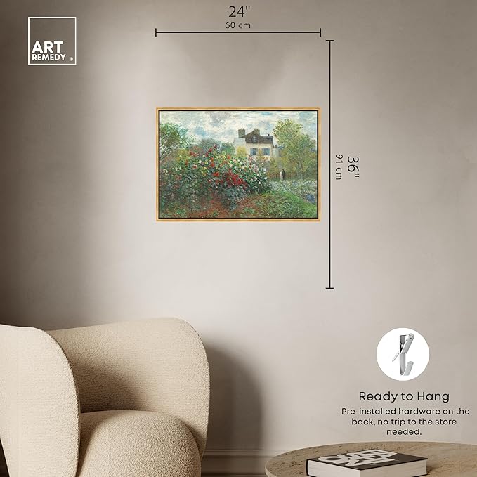 Art Remedy Monet-Garden With Dahlias Impressionism Classic Landscape Paintings Canvas Wall Art, Gold Floater Frame, 24"x36"