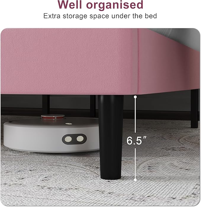 Full Size Bed Frame with Upholstered Headboard, Sturdy Wood Slats, No Box Spring Required, Silent, Easy Assembly,Pink