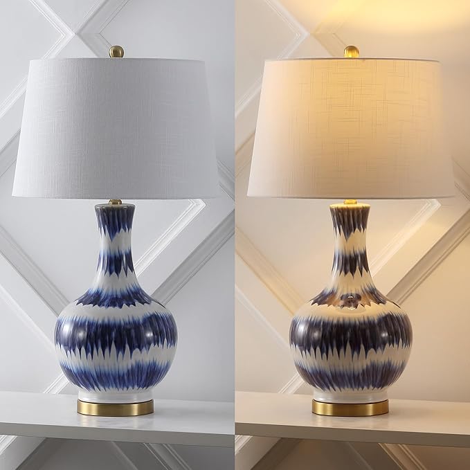 JONATHAN Y 30.5" Blue/White Striped Ceramic Table Lamp for Bedroom Living Room, Modern Coastal Bedside Lamp with Gold Base and White Linen Shade, LED Bulb Included (JYL3054B)
