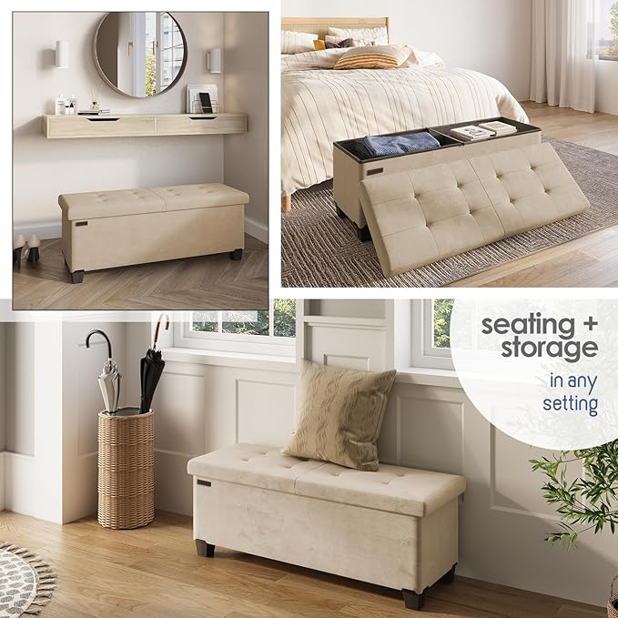 Storage Ottoman Bench with Bins, 43-in Storage Bench for Bedroom End of Bed, Folding Foot Rest Ottoman for Living Room Max 660lbs, Velvet Ottomans, Beige