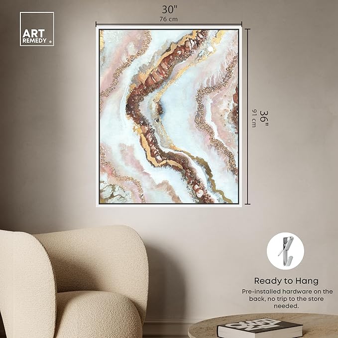 Art Remedy Blush Geode Framed Mineral, Agate & Geode 1 Piece Canvas Wall Art, 31" x 37", White Frame
